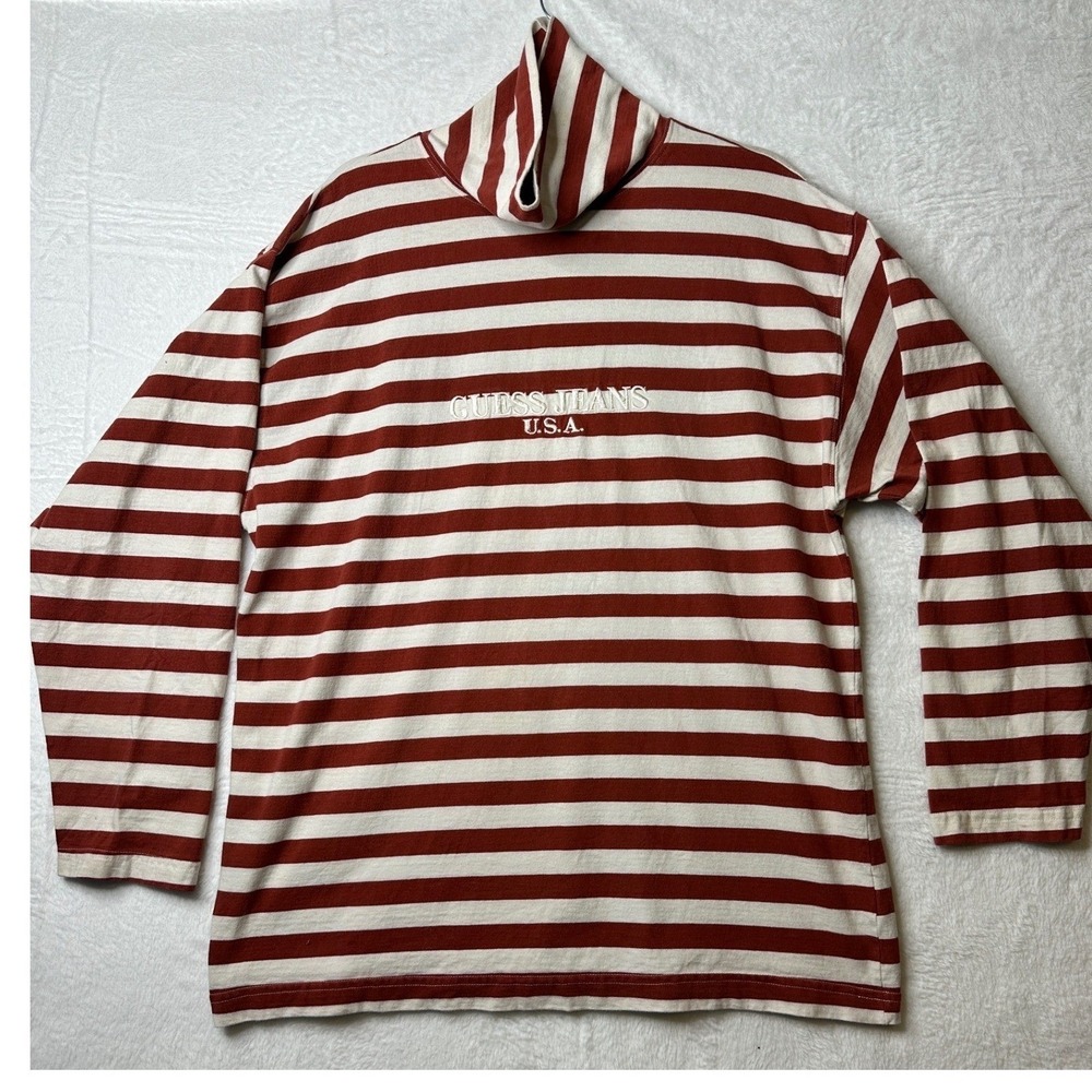 Vintage Guess Jeans USA Georges Marciano Striped Turtleneck Shirt Red White L